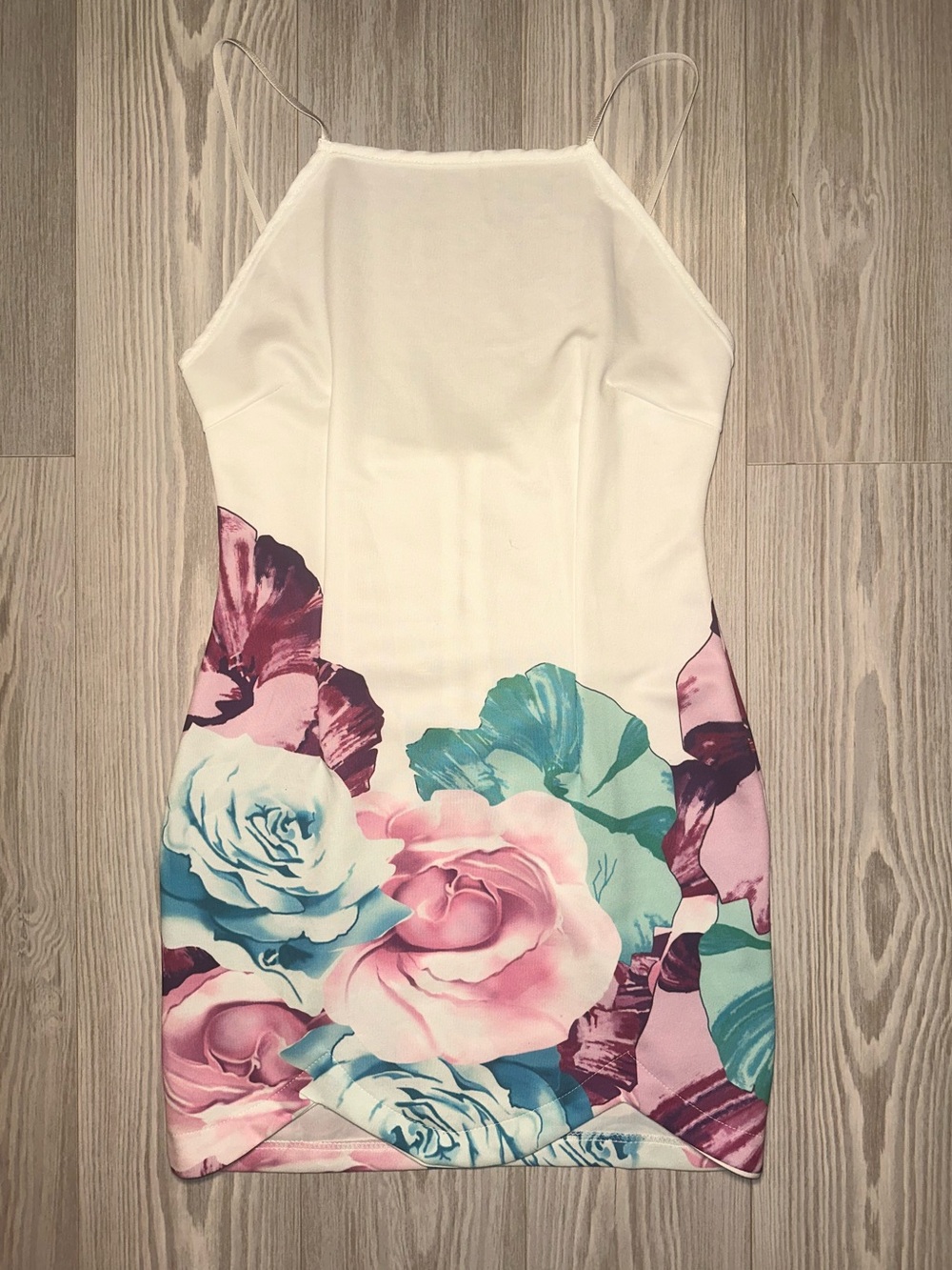 White Floral Bodycon Dress with Pink & Teal Roses